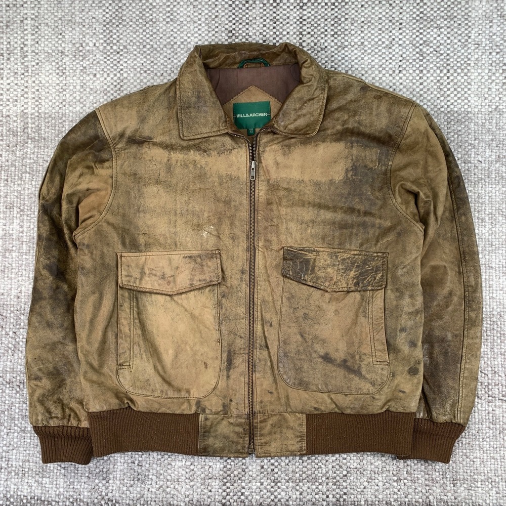 Hill & Archer Vintage Brown Leather Bomber Jacket Distressed Mens Size 42